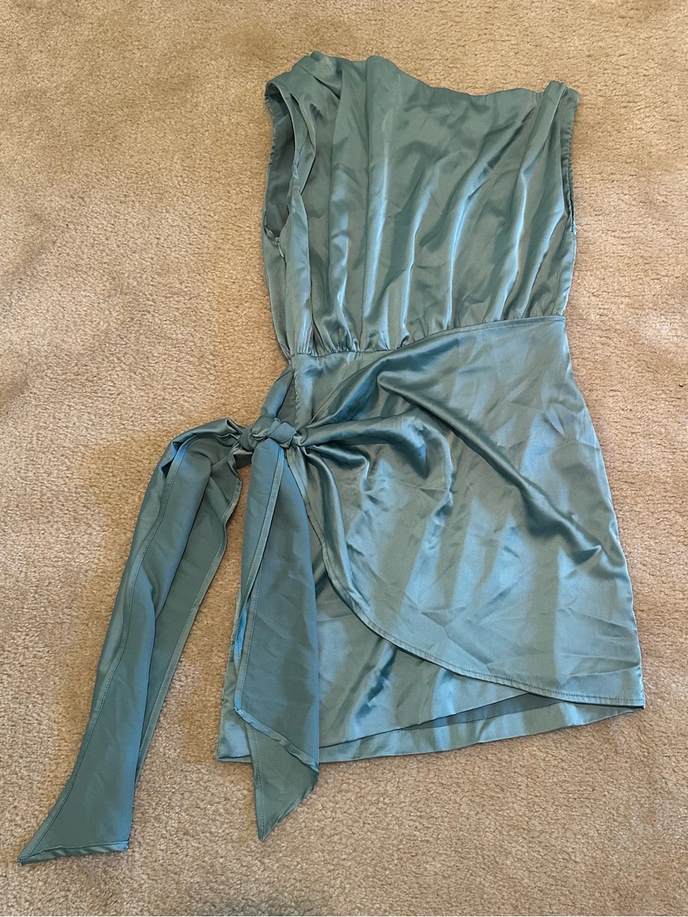 That’s so Fetch! Satin Wrap Mini Dress in Sage Green